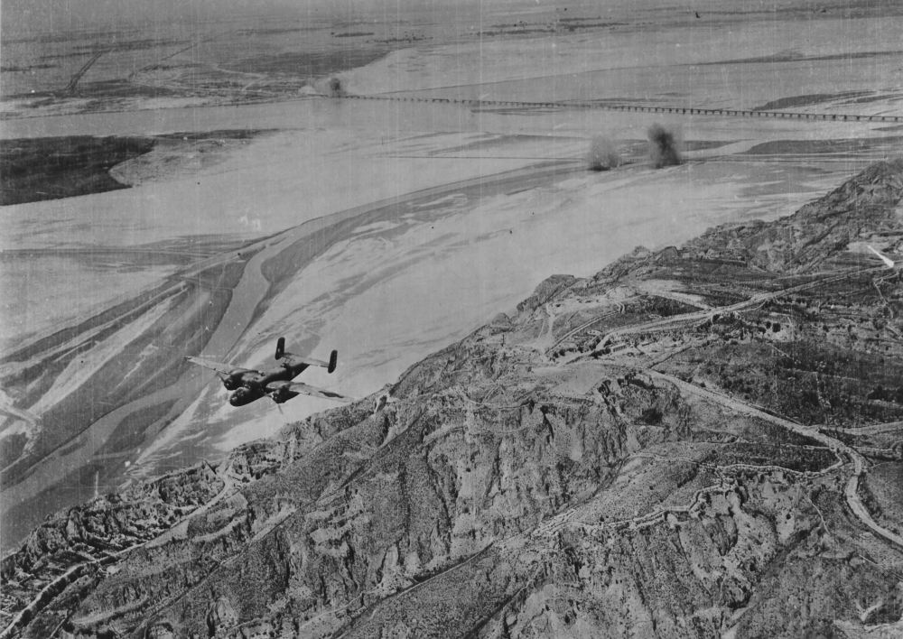 A 14th Air Force B-25 attempts to bomb the Yellow River Bridge. (National Archives)